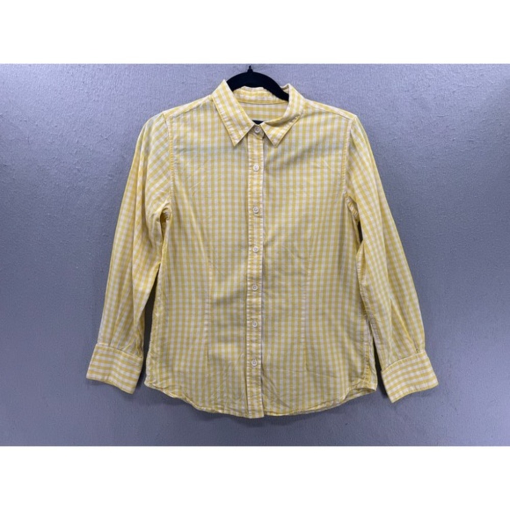 Lesley Evers Shirt Womens S Yellow White Button Top Minimalist‎ Academia Gingham